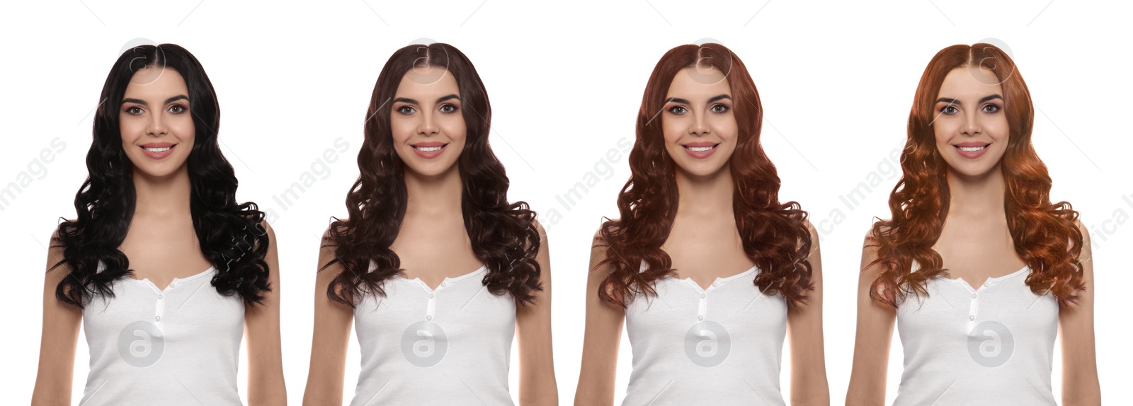 Image of Collage with photos of beautiful young woman with different hair colors on white background. Banner design