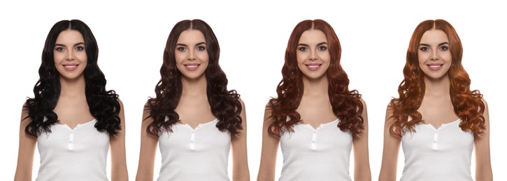 Collage with photos of beautiful young woman with different hair colors on white background. Banner design