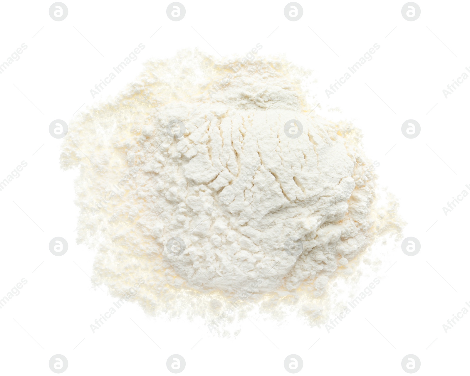 Photo of Pile of organic flour isolated on white, top view