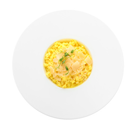 Photo of Delicious risotto with cheese isolated on white, top view