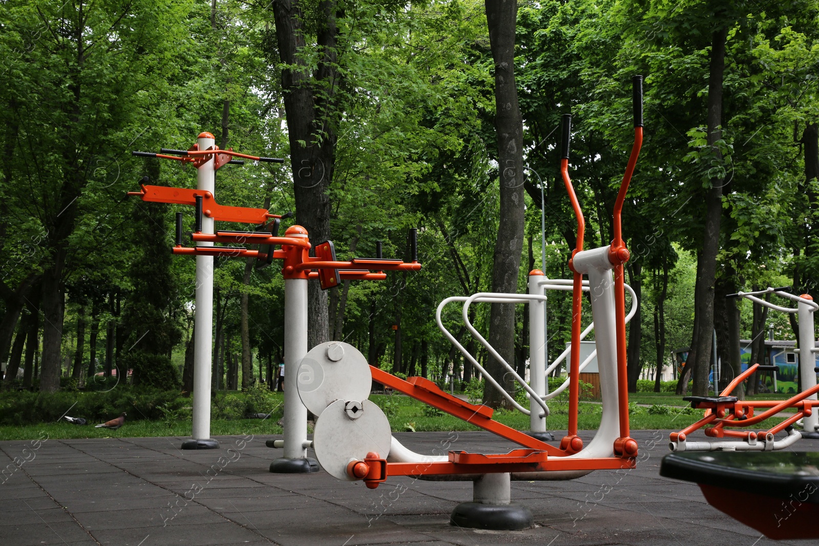 Photo of Empty outdoor gym with ovate stepper and push up bars