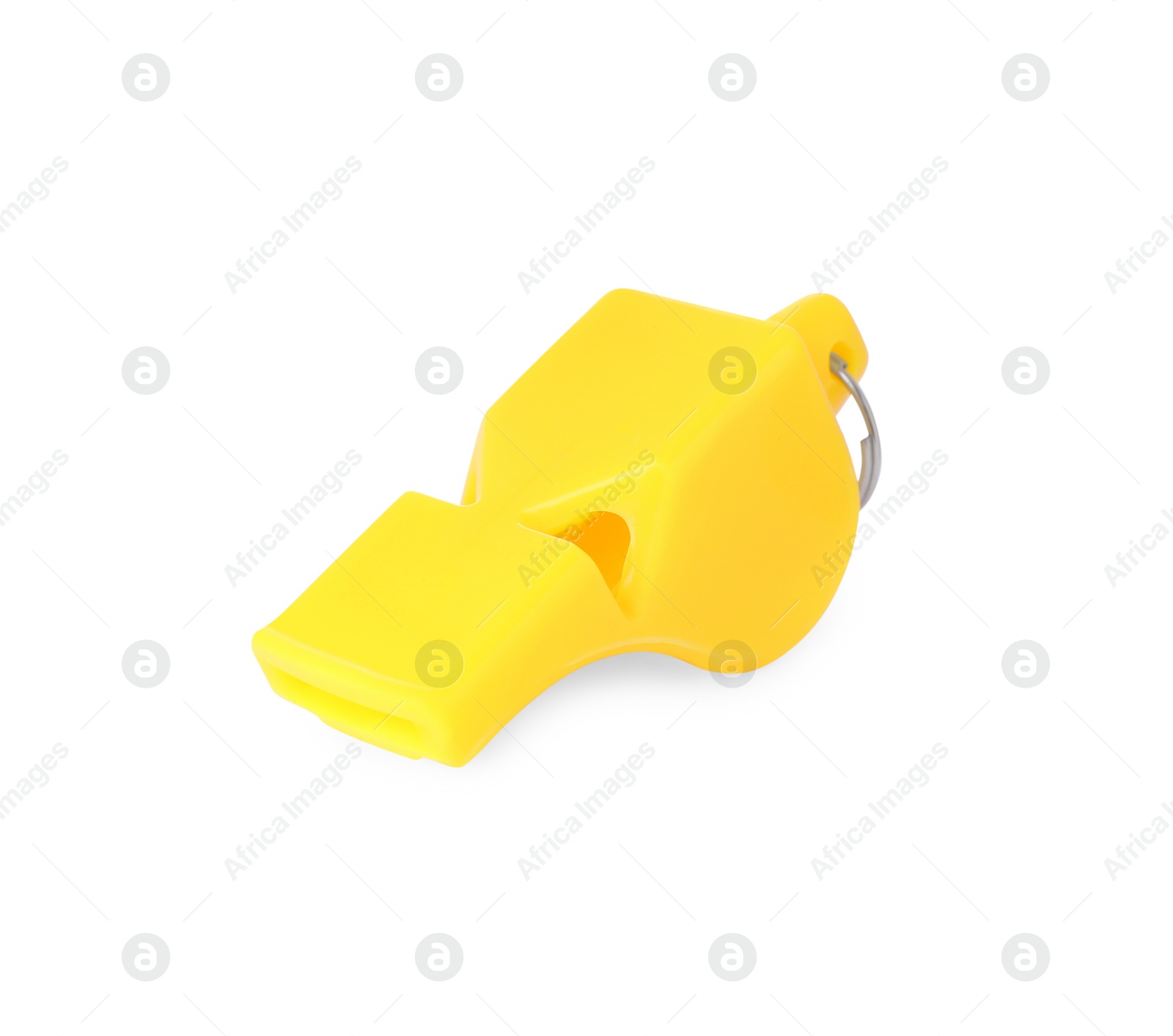 Photo of One yellow plastic whistle isolated on white