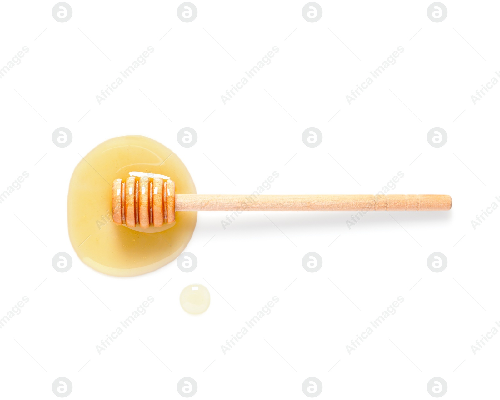 Photo of Tasty natural honey and dipper on white background, top view