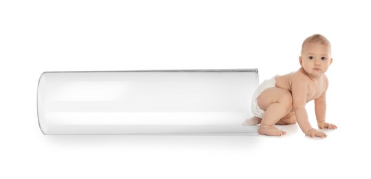 Image of Little baby and test tube on white background, banner design. Reproductive medicine
