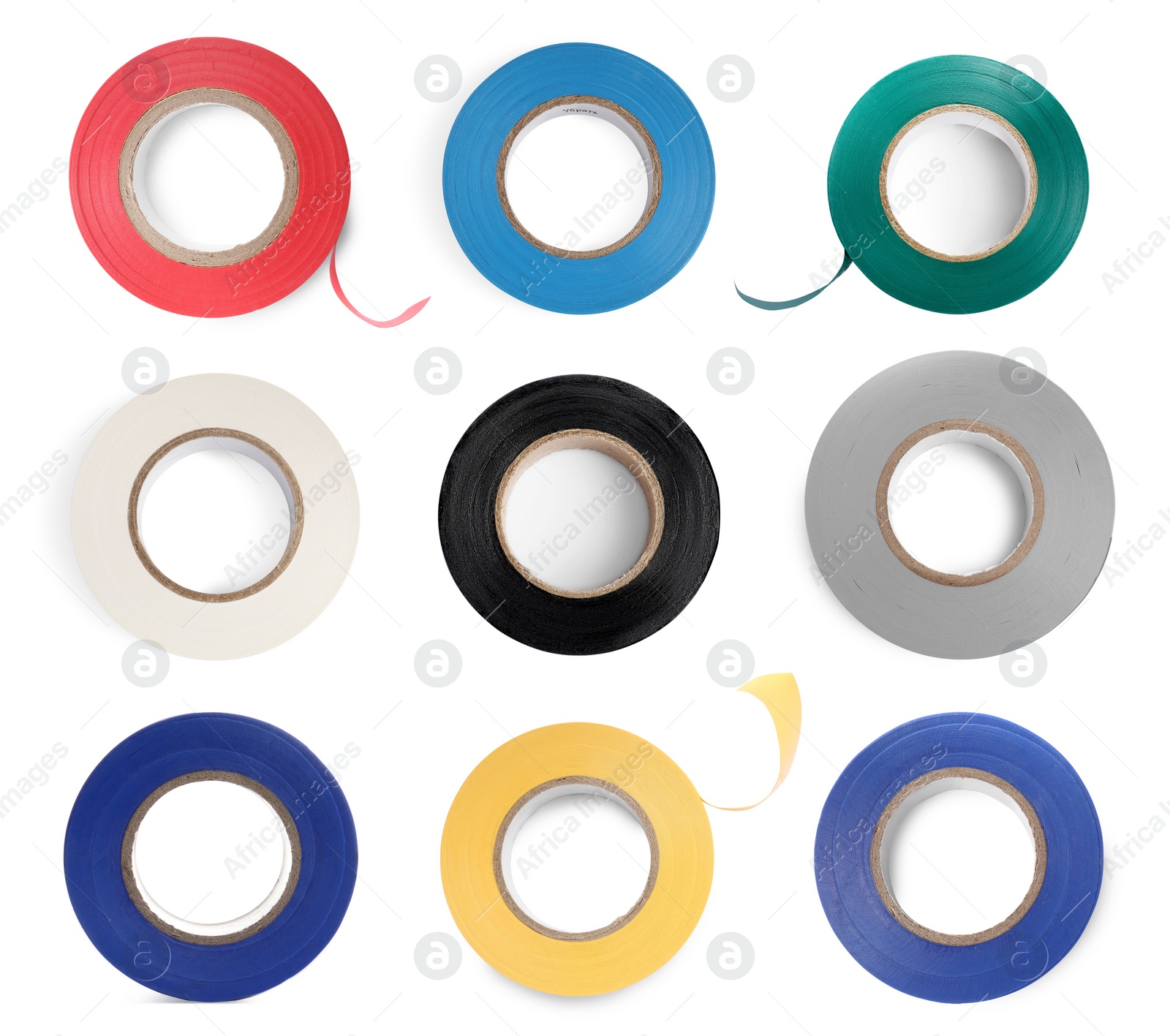 Image of Set with insulating tapes in different colors on white background, top view