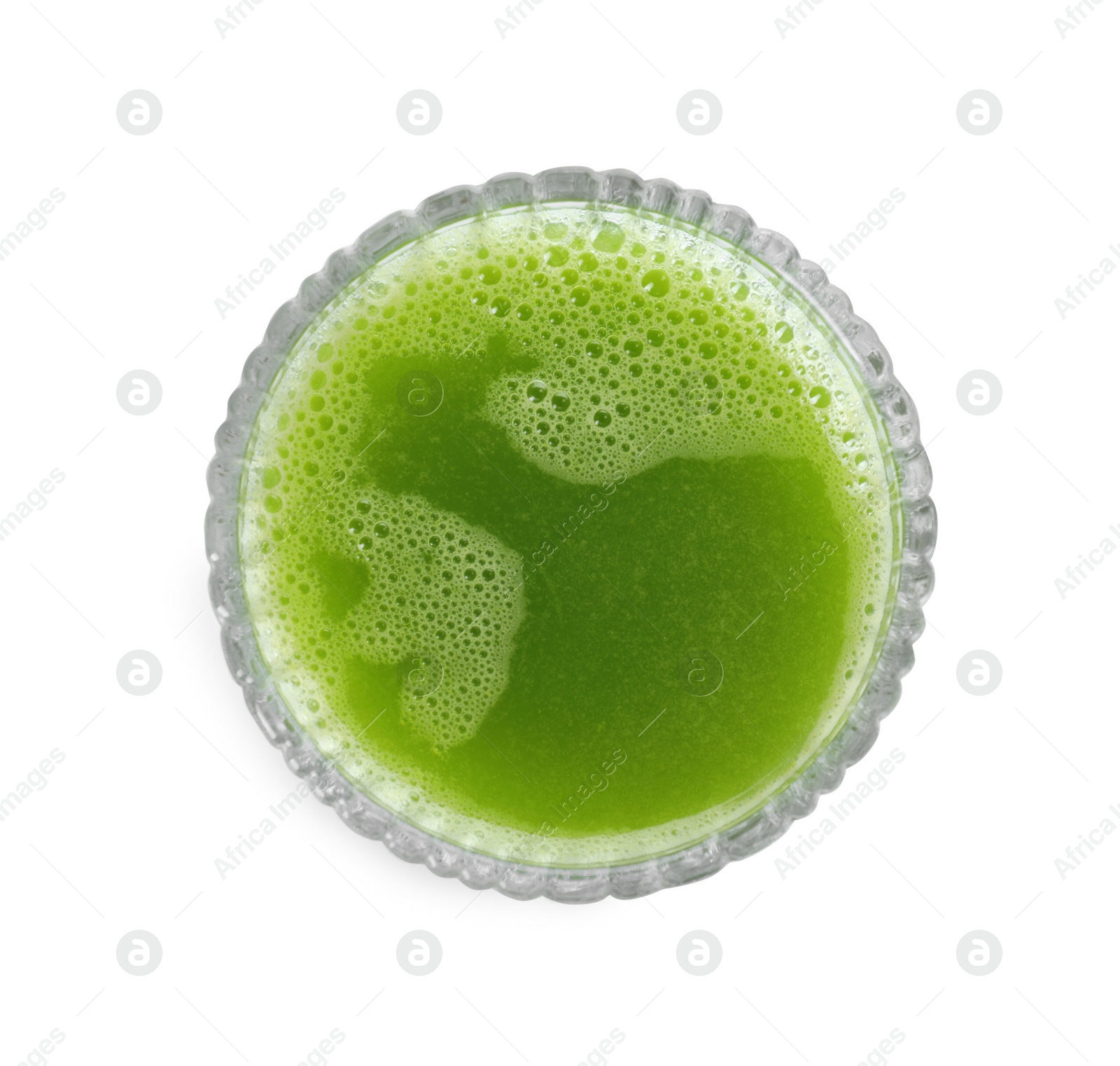 Photo of Glass of fresh celery juice on white background, top view