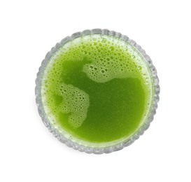Photo of Glass of fresh celery juice on white background, top view