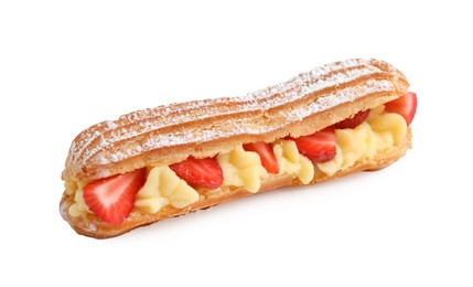 Photo of Delicious eclair filled with cream and strawberries isolated on white