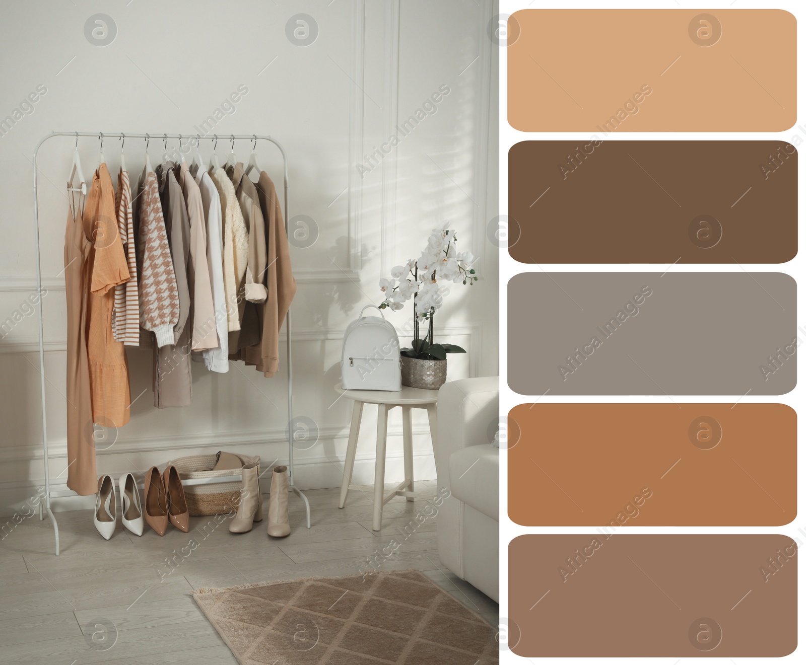 Image of Color palette appropriate to photo of stylish women's clothes on rack in room