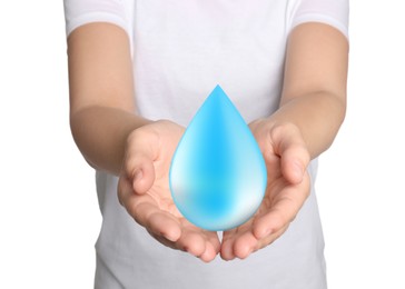 Woman holding image of water drop on white background, closeup