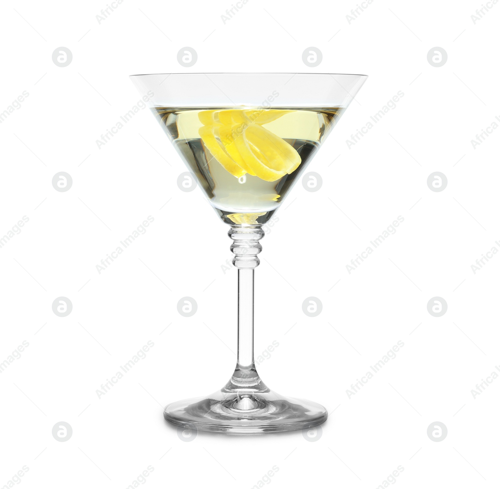 Photo of Glass of martini cocktail with lemon zest on white background