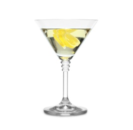 Photo of Glass of martini cocktail with lemon zest on white background