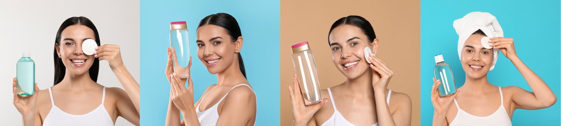 Collage with photos of woman with micellar water on different color backgrounds