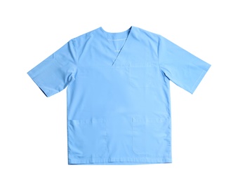 Photo of Medical uniform on white background, top view. Professional work clothes