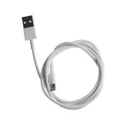 Photo of USB charge cable isolated on white, top view. Modern technology