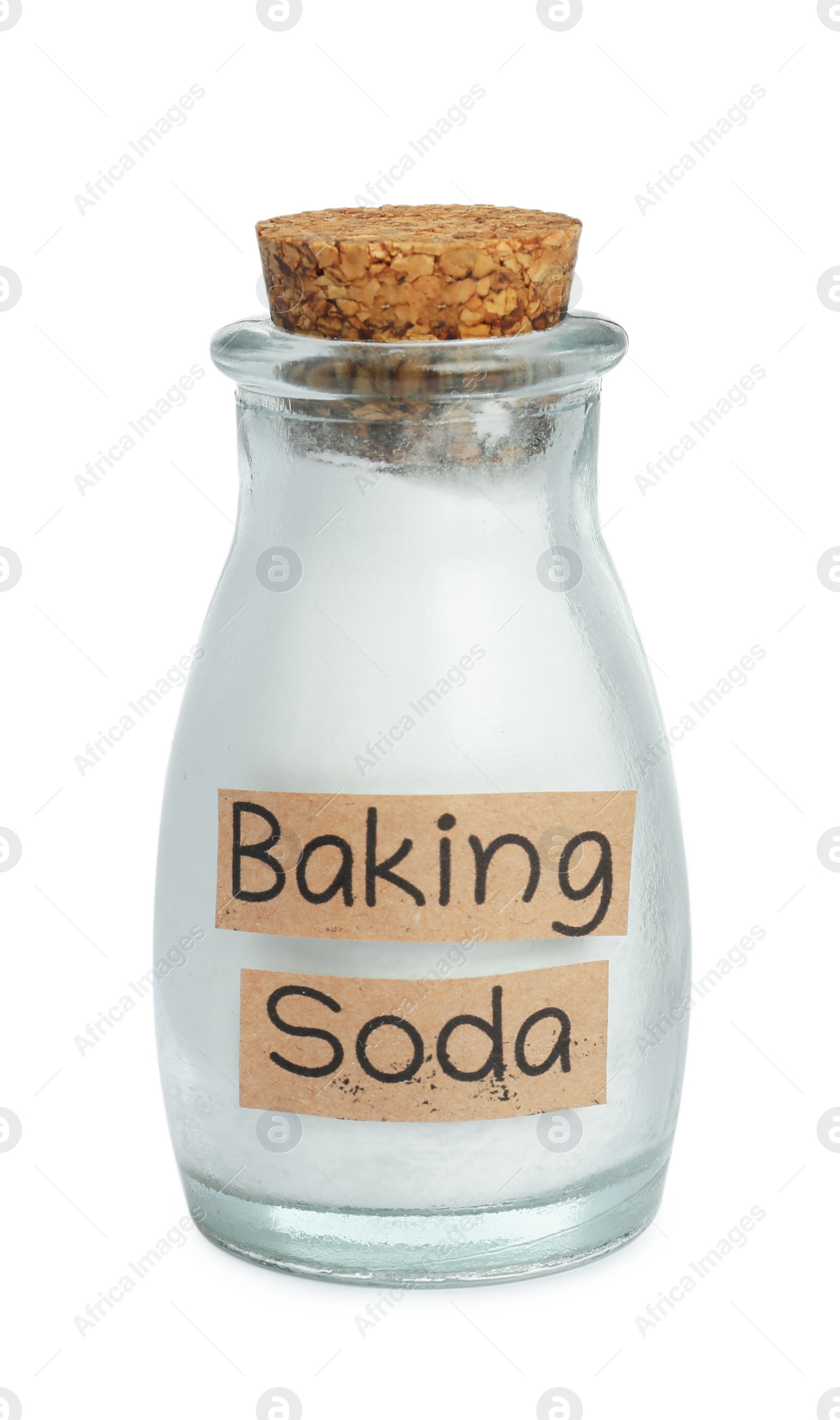 Photo of Bottle with baking soda on white background