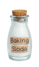 Photo of Bottle with baking soda on white background
