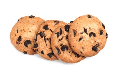 Delicious chocolate chip cookies on white background, top view