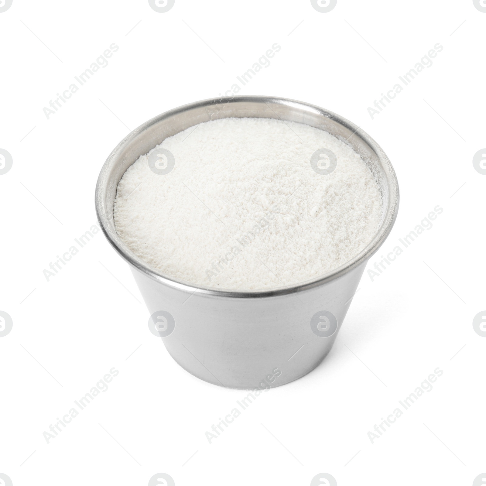 Photo of Baking powder in metal cup isolated on white