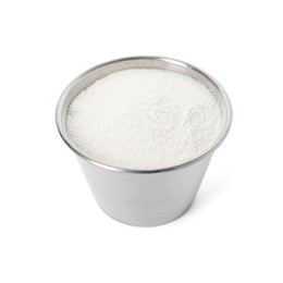 Baking powder in metal cup isolated on white