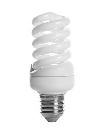 Photo of New spiral light bulb for lamp on white background