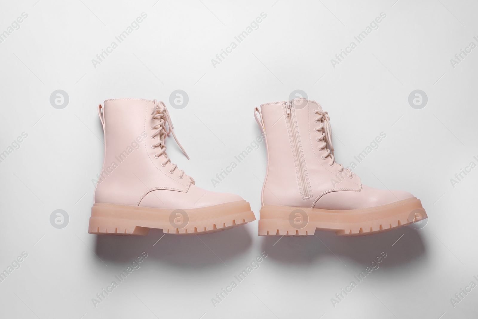 Photo of Pair of stylish leather shoes on white background, flat lay