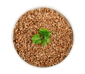 Plate of buckwheat porridge with parsley isolated on white, top view