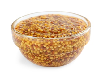 Photo of Delicious mustard beans in bowl on white background. Spicy sauce