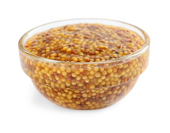 Delicious mustard beans in bowl on white background. Spicy sauce