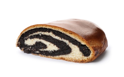 Tasty sweet bun with poppy seeds on white background