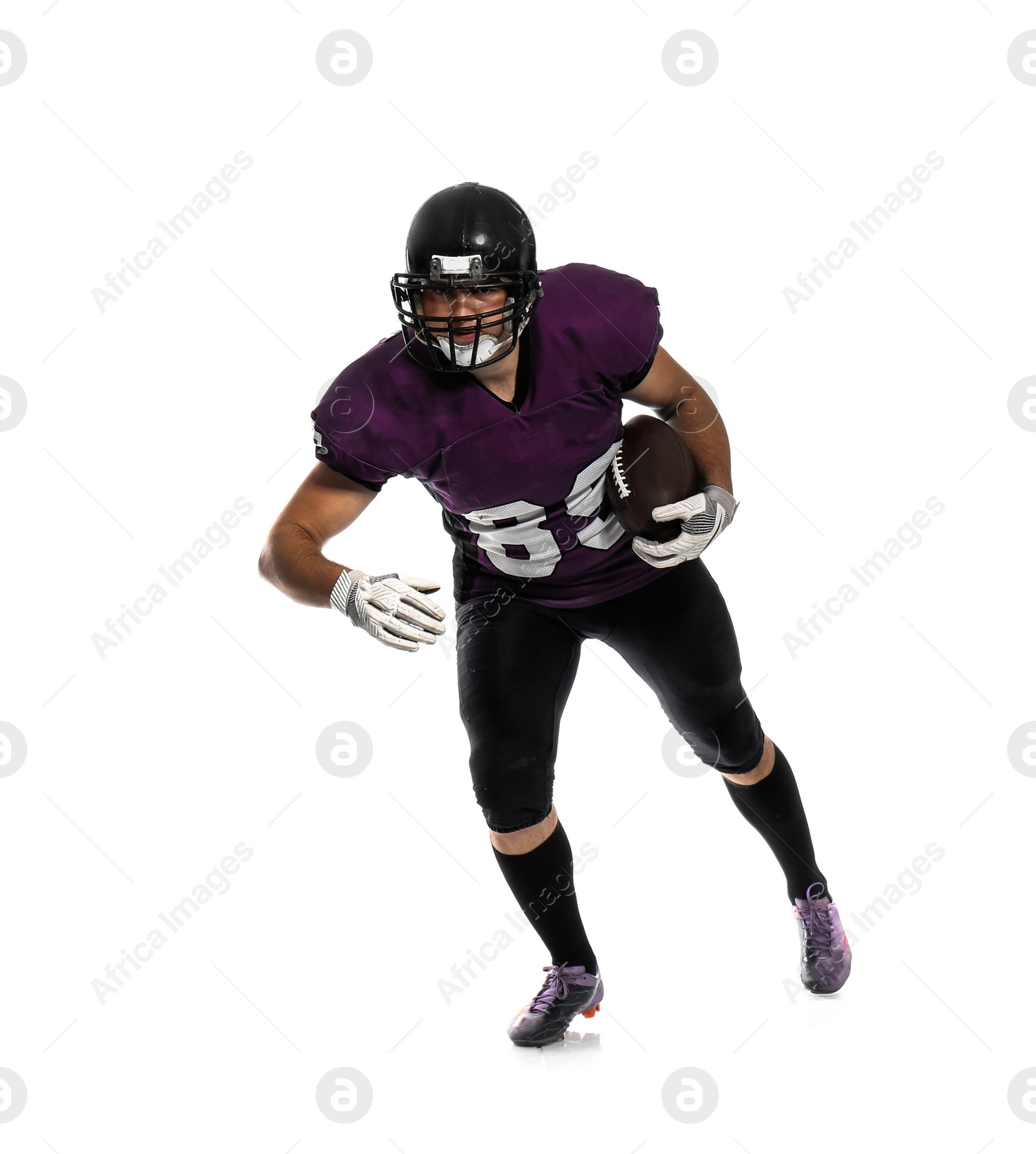 Photo of American football player with ball on white background