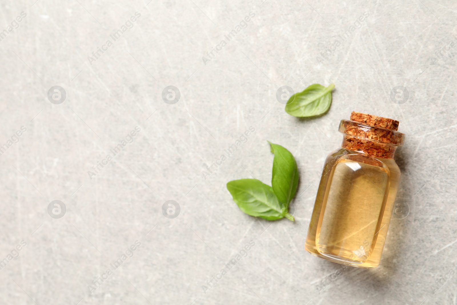 Photo of Glass bottle of basil essential oil and leaves on light grey table, flat lay. Space for text