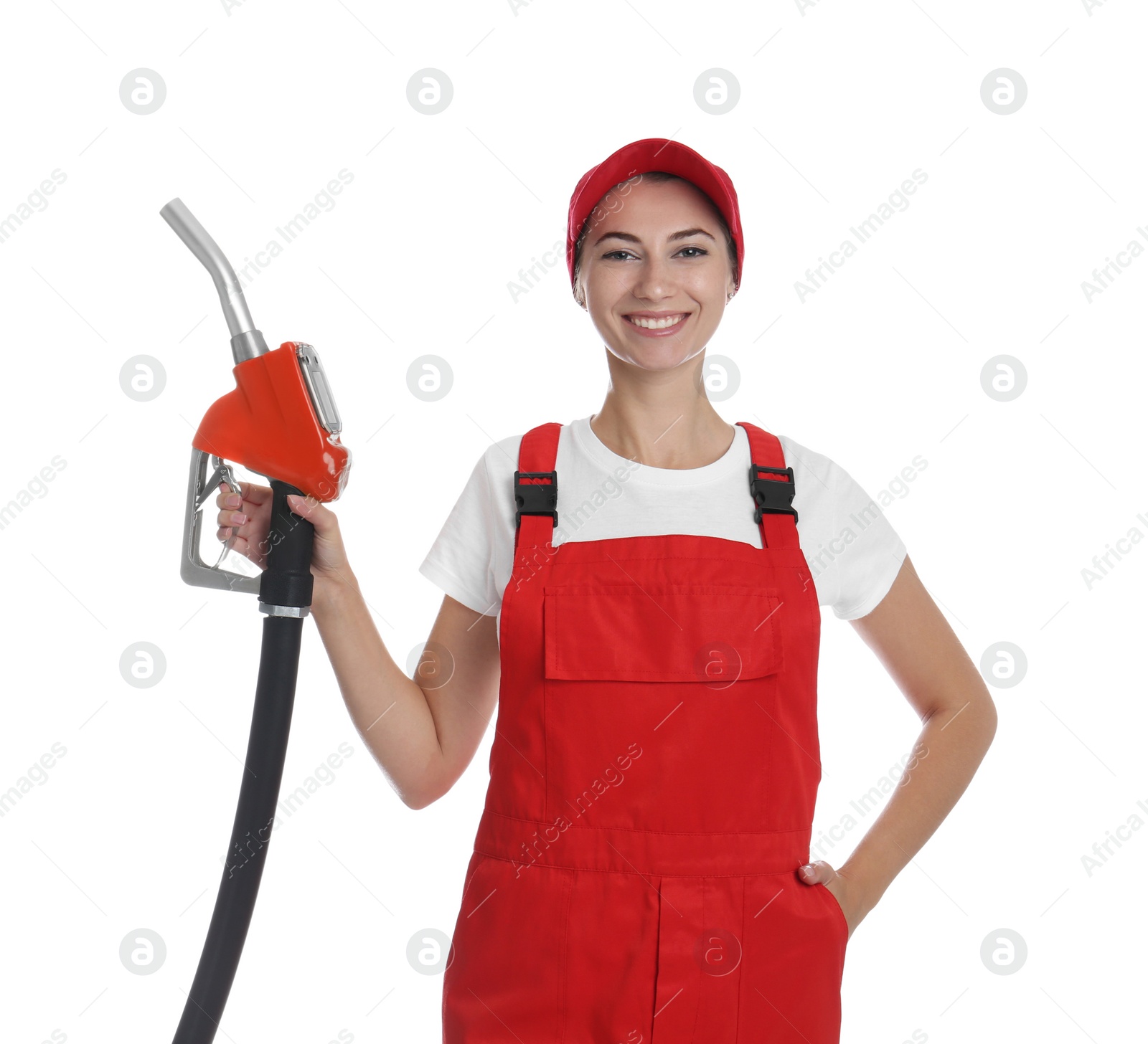 Photo of Gas station worker with fuel nozzle on white background