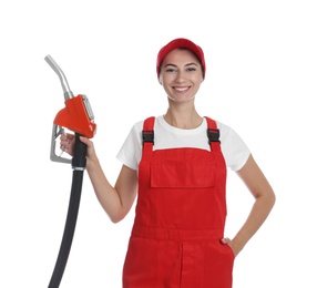 Gas station worker with fuel nozzle on white background