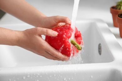 Photo of Woman washing fresh bell pepper in kitchen sink, closeup