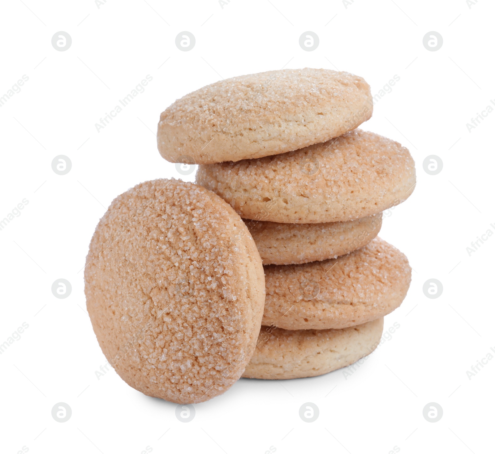 Photo of Many tasty sugar cookies isolated on white