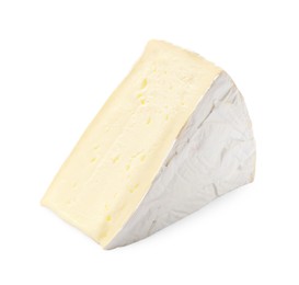 Photo of One piece of tasty camembert cheese isolated on white