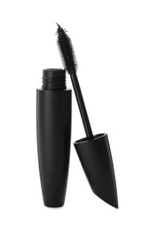 Photo of Mascara for eyelashes on white background. Makeup product