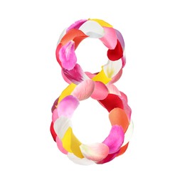 Image of International Women's Day - March 8. Card design with number 8 of bright flower petals on white background