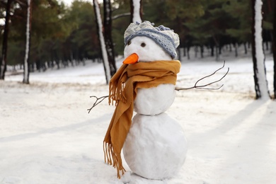 Funny snowman with scarf and hat in winter forest