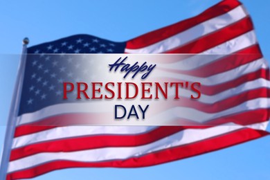 Image of Happy President's Day - federal holiday. American flag fluttering outdoors on sunny day