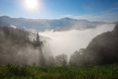 Photo of Picturesque view of fog in mountains on sunny day