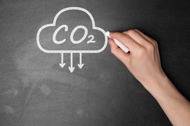 Image of Reduce carbon emissions. Woman drawing cloud with chemical formula CO2 on blackboard, closeup