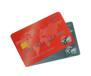 Photo of Different plastic credit cards on white background