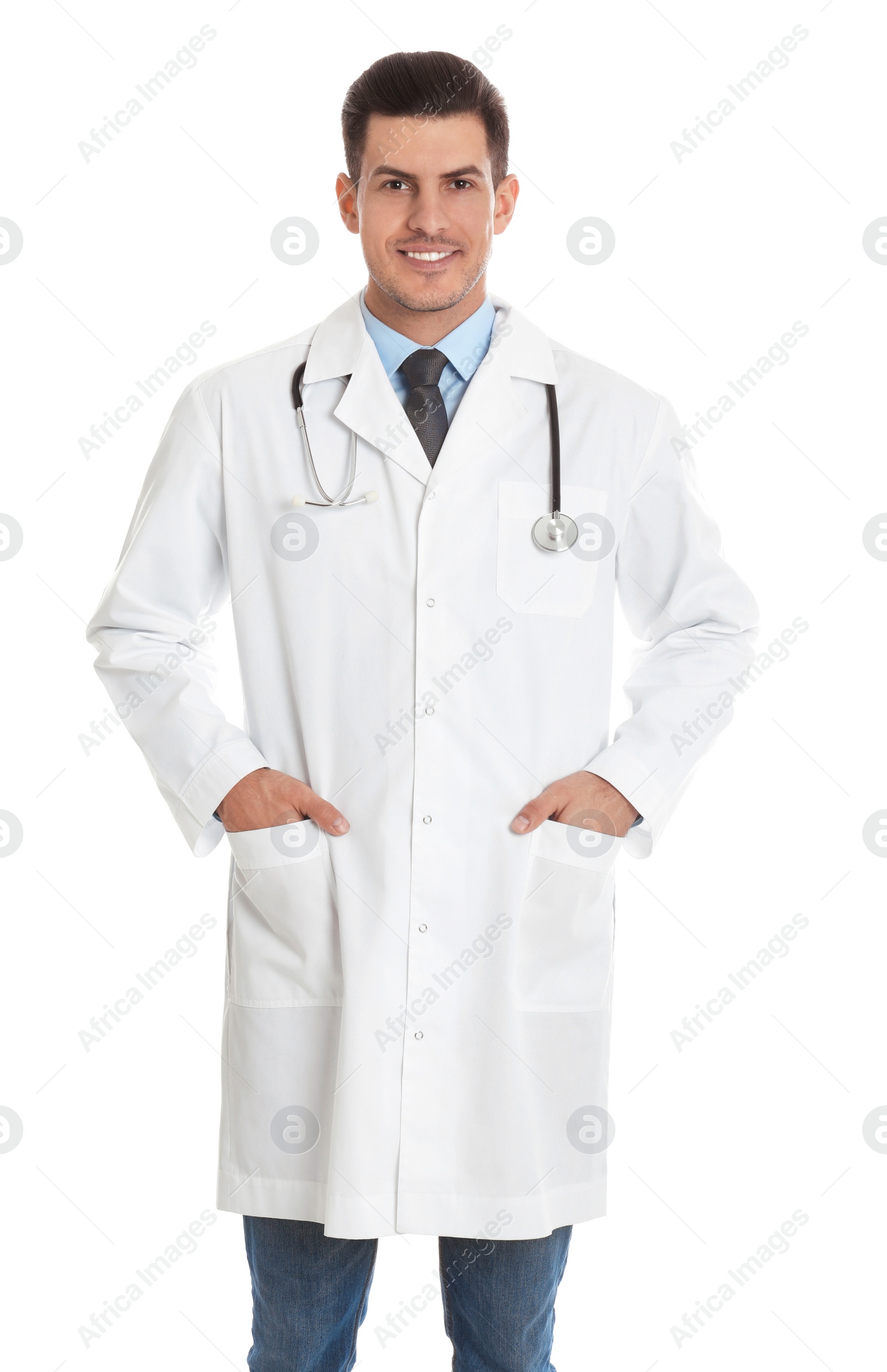 Photo of Portrait of doctor with stethoscope on white background