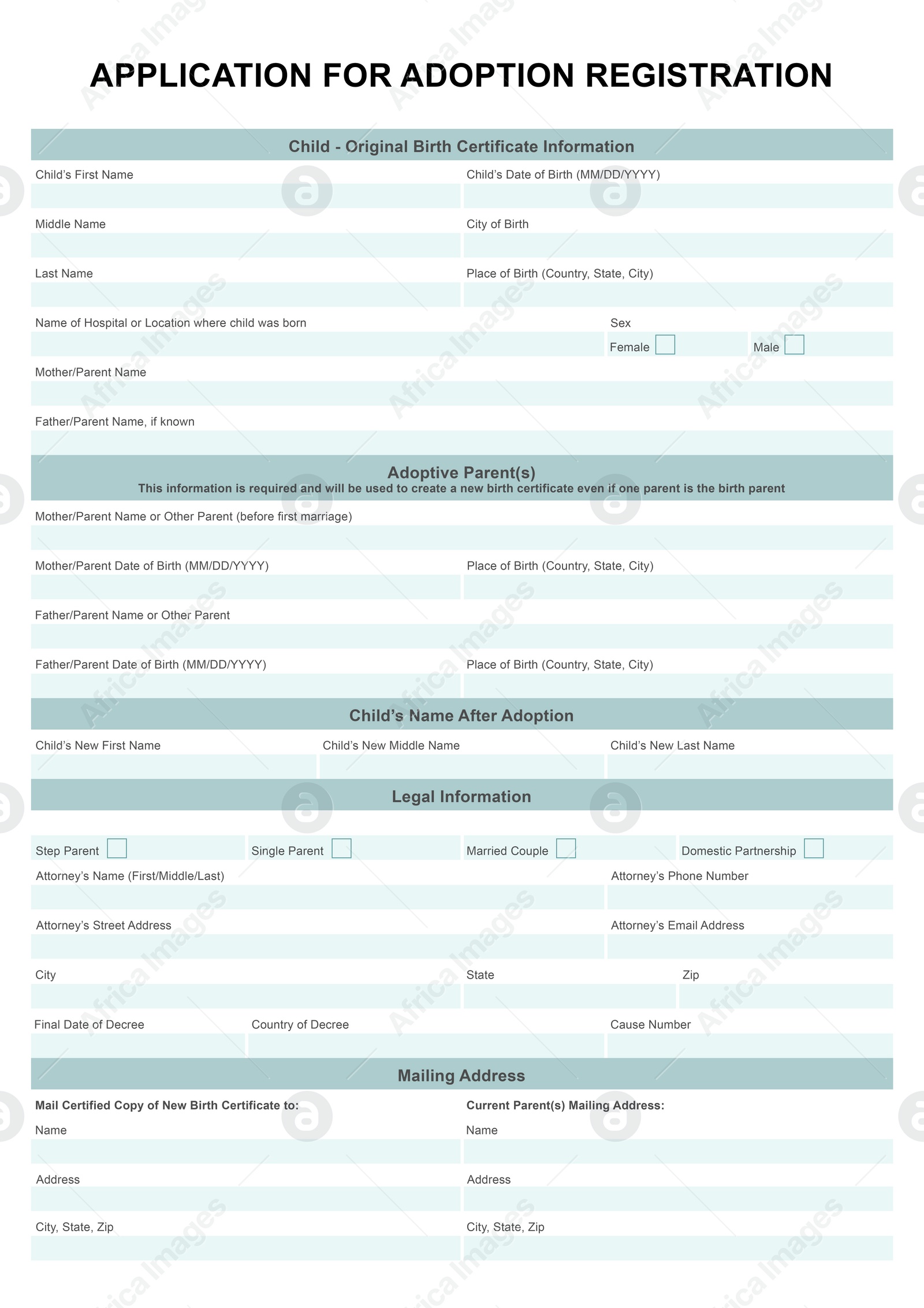 Illustration of Child adoption application. Questionnaire with space for answers 