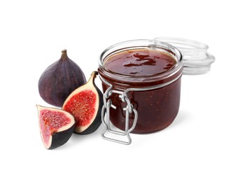 Photo of Glass jar with tasty sweet jam and fresh figs isolated on white