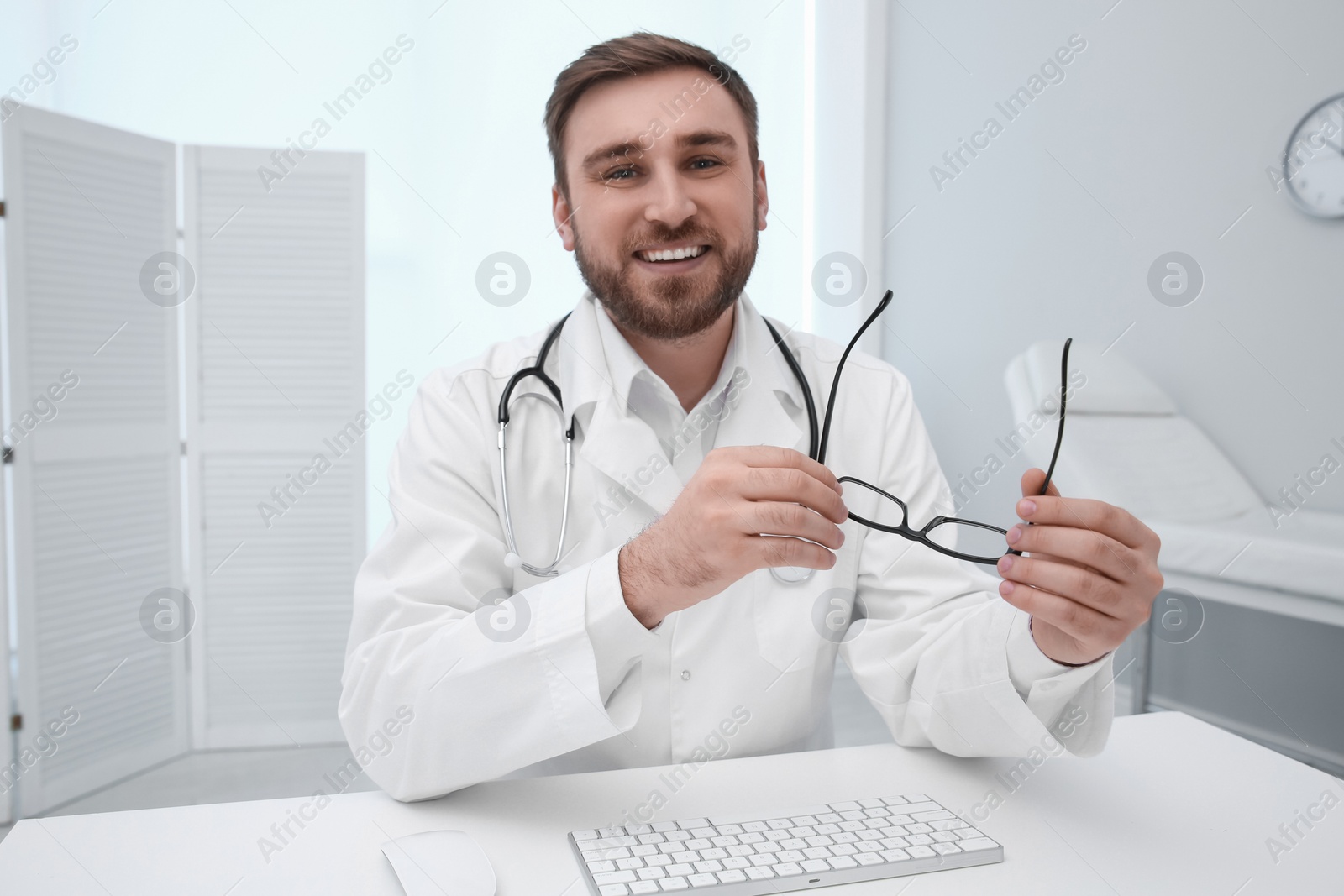 Photo of Pediatrician consulting patient using video chat in clinic, view from webcam