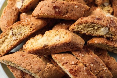Photo of Traditional Italian almond biscuits (Cantucci) as background, top view