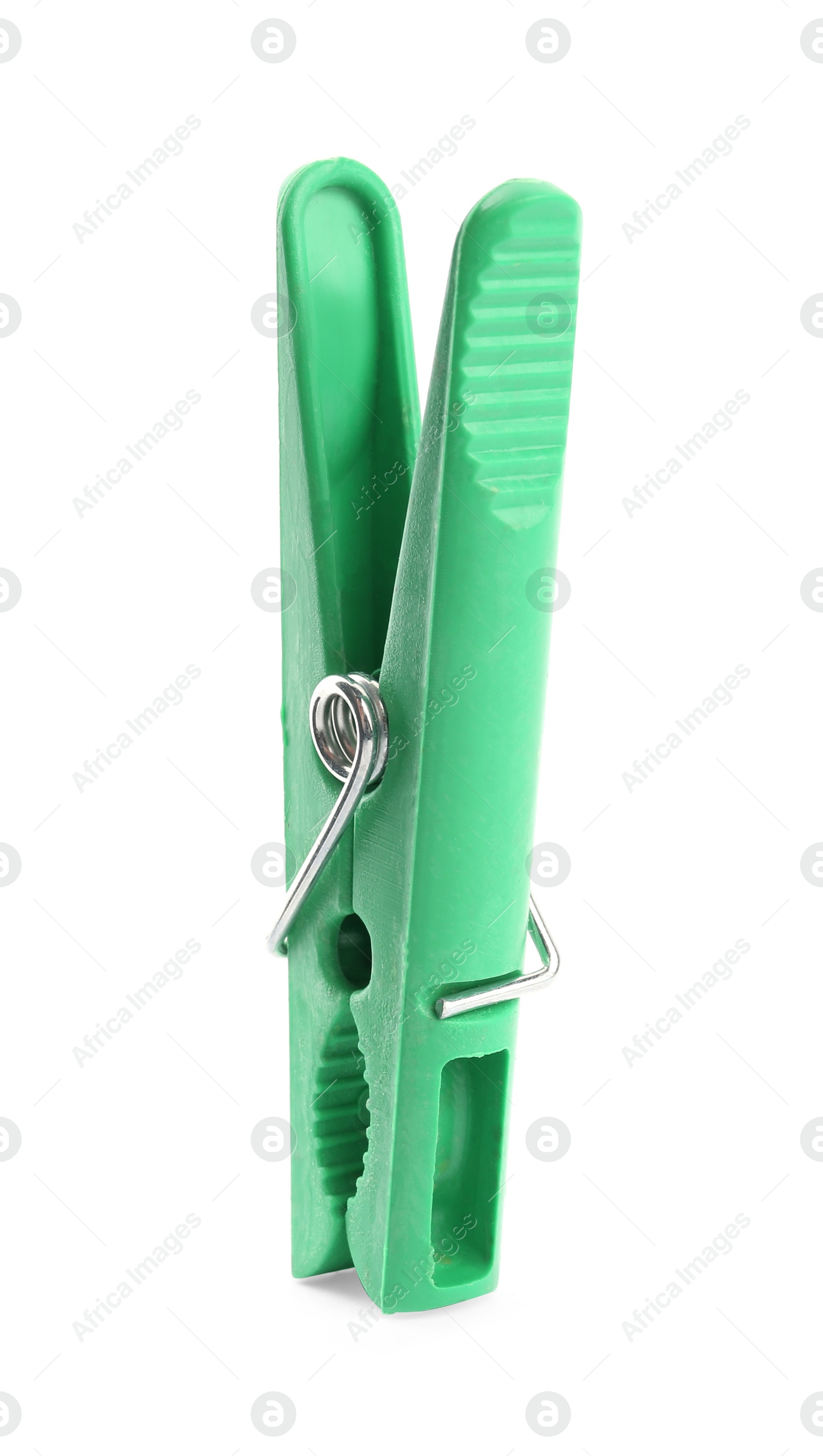 Photo of Bright green plastic clothespin isolated on white